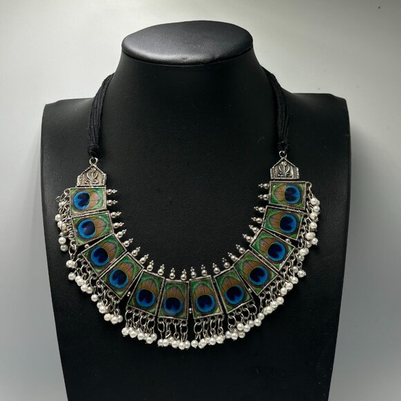 3/$30 Peacock Statement Necklace Silver Adjustable Fabric Cord Beaded Jewelry - Picture 2 of 11